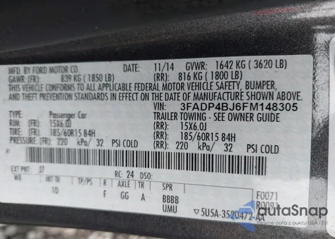 2015 Ford Fiesta Se из США, поврежденный, VIN 3FADP4BJ6FM148305